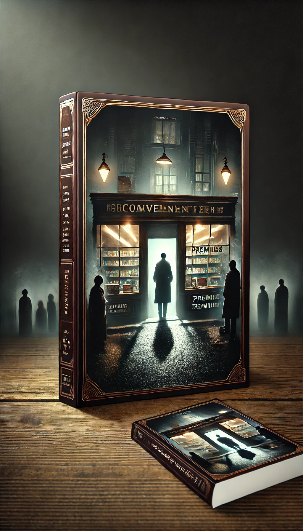 DALL·E 2025-03-12 09.27.05 - A mysterious and atmospheric vertical book cover for a supernatural thriller novel. The scene features a dimly-lit, old-fashioned convenience store at.webp